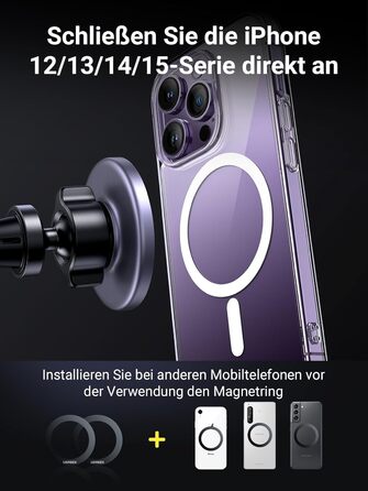 Тримач для мобільного телефону автомобільний магніт з металевим кільцем сумісний з MagSafe iPhone 16/15/14/13 Pro Max та всіма сма