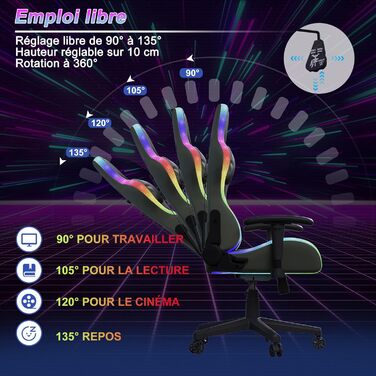 Геймерське крісло, ергономічне офісне крісло з RGB LED-підсвічуванням, масаж поперекового відділу сидіння, регульоване, підголівник, поперекова підтримка, висока спинка, кут нахилу 135, чорний колір