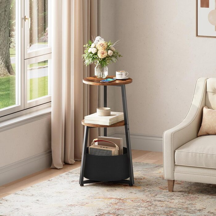 Круглий бічний столик HOOBRO, трирівнева тумбочка з полицями та тканинною кишенею, журнальний столик для невеликих приміщень, столик-диван, столик для перекусу, для вітальні, спальні, вінтажний коричневий та чорний EBFB169BZ01