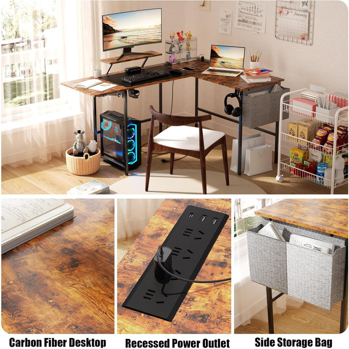 Ігровий стіл із розумним світлодіодним освітленням, L-подібний стіл із подовжувачем для домашнього офісу, кутовий стіл 120-150 см з розеткою, сумка для зберігання, підставка для монітора, вінтажний коричневий колір