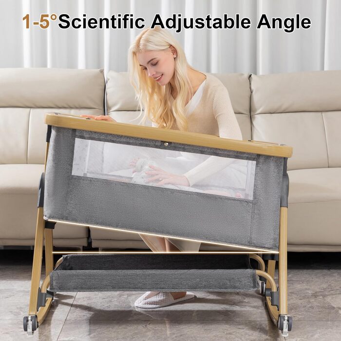 Портативне дитяче ліжко YAZOCO 3-в-1 з дихаючою сіткою та простирадлом, регульованою колискою з кошиком для зберігання (висока версія, сірий колір)