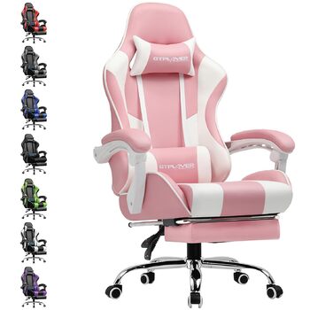 Ігрове крісло GTPLAYER, офісне крісло, масажне ігрове крісло, ергономічне ігрове крісло з підставкою для ніг, підголівником, масажною подушкою для попереку, м&39яке ігрове крісло, обертове крісло, рожеве
