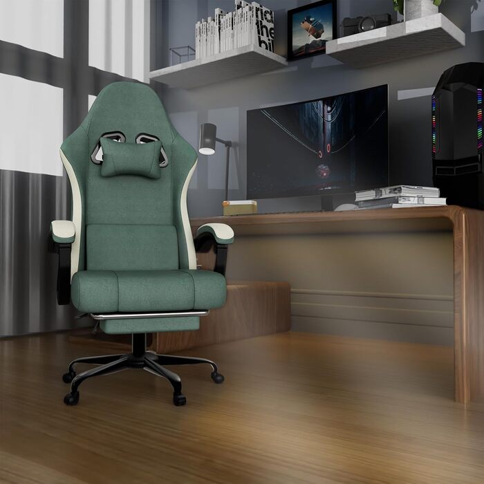 Ігрове крісло Cavabien, комп&39ютерне крісло з високою спинкою з тканини, оббивкою з пружинним блоком Pocket Spring та підставкою для ніг, ігрове крісло з регульованою висотою, підголівником та поперековою опорою (синє)