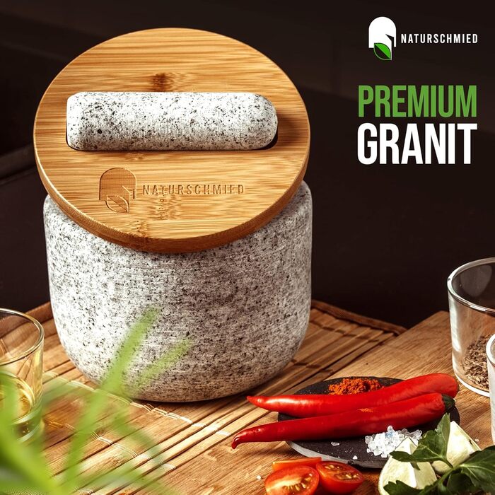 Ступка з пестком і кришкою - Герметичне закриття 2.0 накладка SolidStand 750 мл - Гранітна ступка преміум-класу світло-сірого коль