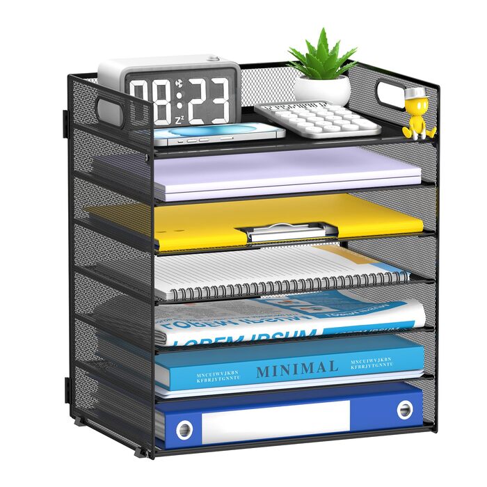 Рівневий органайзер для столу з ручкою металева офісна система для документів, листів та книг формату A4, міцний органайзер для паперів для столу, домашнього офісу та школи, чорний, 7-