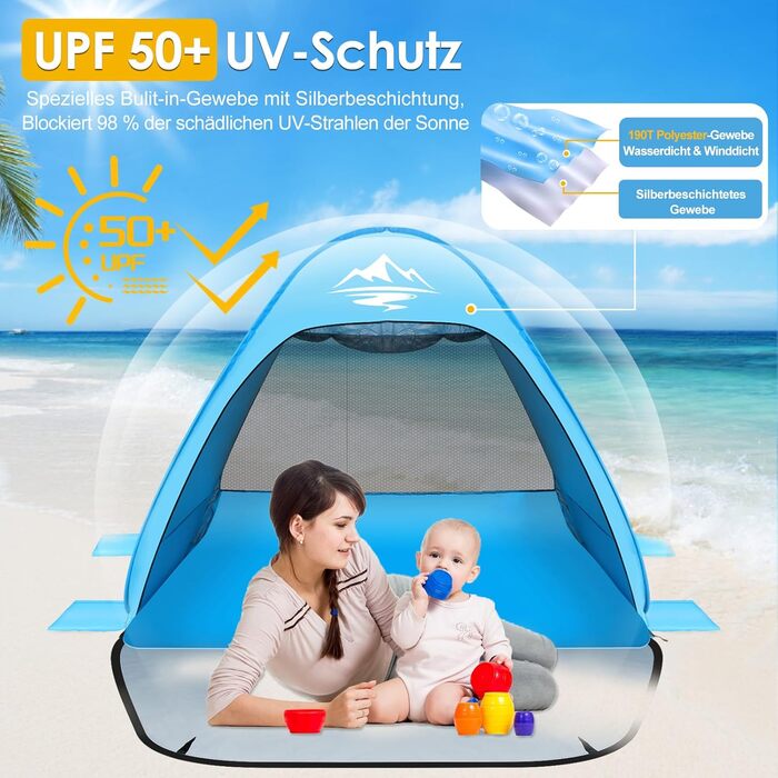 Розкладний пляжний намет для 2-3 осіб, автоматичний пляжний кемпінговий намет, захист UV50, портативний надлегкий пляжний намет для сімей, пляжний кемпінг, садовий з сумкою для перенесення, небесно-блакитний