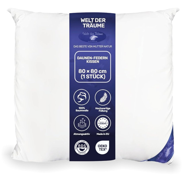 Пухова подушка Світ мрій з 1 пухом 3-камерна подушка Трикамерна подушка 80x80 см Вага наповнювача 1400 грамів Чохол 100 бавовна Пухова подушка Не вищипує живих істот Білий