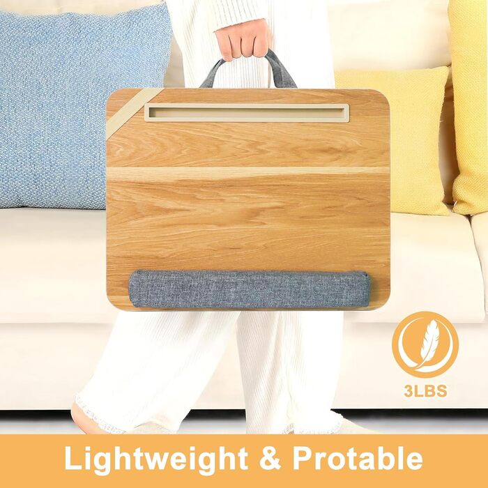 Стіл-підставка на коліна з подушкою, для ноутбука до 15,6 дюймів, з кишенями для зберігання. Портативне робоче місце для дому, університету, офісу (Світло-коричневий)
