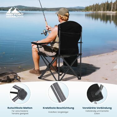 Складане кемпінгове крісло HIGH POINT SPORTS, Рибальське крісло, Розкладне, Вантажопідйомність 160 кг, Розкладне крісло з підлокітниками, Підставка для напоїв, Сталева рама, Портативне кемпінгове крісло, Чорне/Сіре