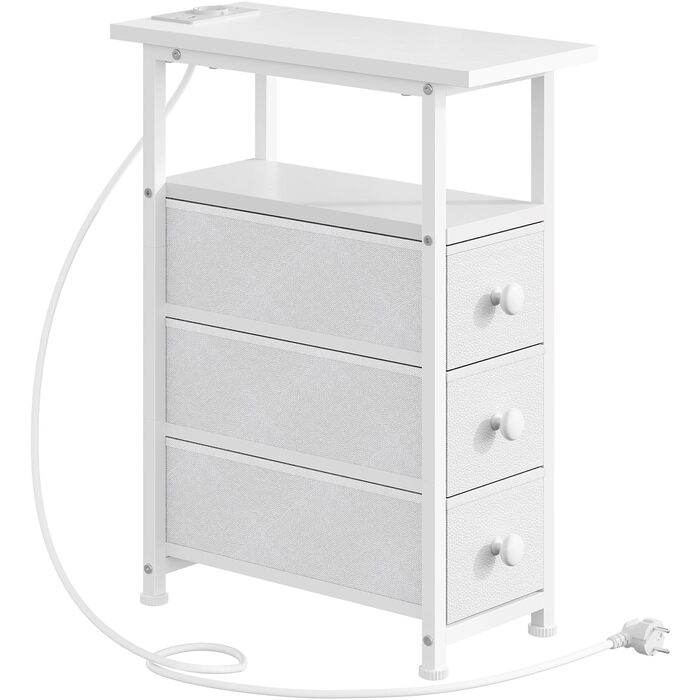 Приліжкова тумба HOOBRO із зарядною станцією, 1 стандартна розетка, 2 USB-порти, вузька бічна тумба, 3 шухляди з нетканого матеріалу, відкрите відділення, для вітальні, спальні, білий EWW482CBZ01