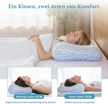 Ергономічна подушка Caviar Blue з піни з ефектом пам&39яті, 60x40 см, холодна на дотик, з різницею висоти 12/8 см, підтримка шиї для сну на спині та на боці, не волога, гарне відновлення, чохол, який можна прати, синій, 40 x 60 см