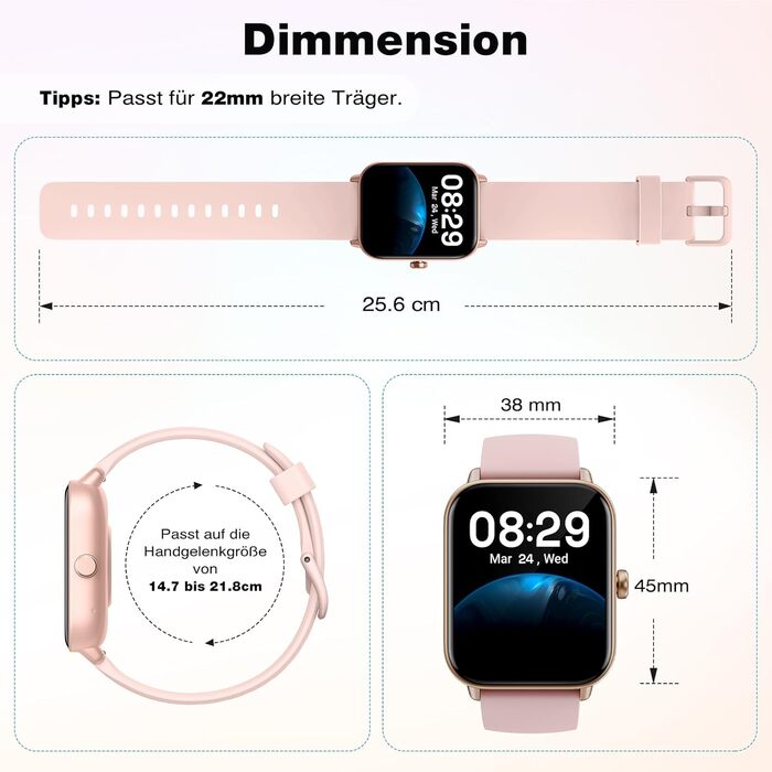 Жіночий смарт-годинник із функцією телефону, вбудованою Alexa, фітнес-годинник 1,8 дюйма з монітором серцевого ритму, SpO2, сну, стресу, понад 100 спортивних режимів, водонепроникний годинник IP68 для Android та iOS (рожевий)