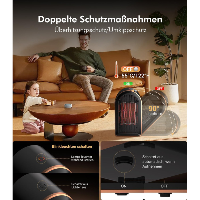 Міні-обігрівач для ванної кімнати 9.0 Upgrade Потужність нагріву 1 сертифікований SPD 4 безпечні механізми захисту Керамічний обігрівач Енергозберігаючий Спальня Офіс, Чорний електричний обігрівач для кемпінгу