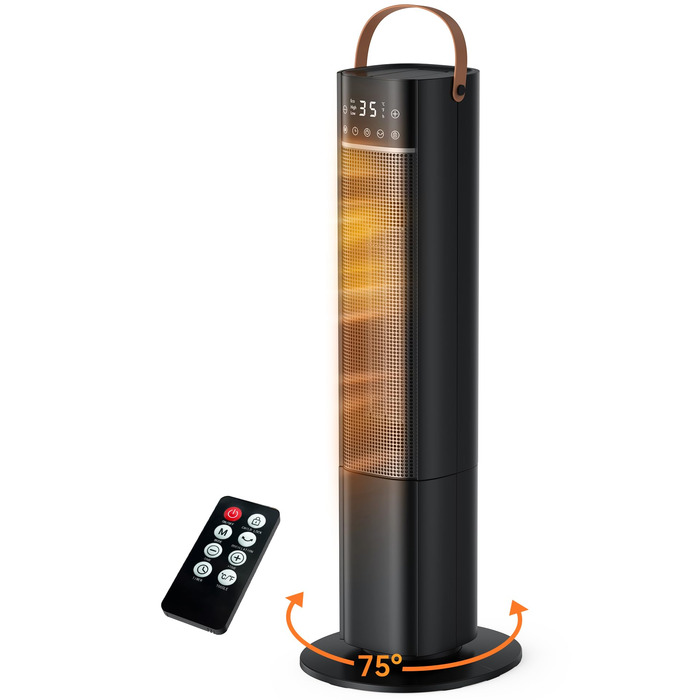 Енергозберігаючий електричний нагрівач, керамічний нагрівач PTC потужністю 2000 Вт, коливальний електричний нагрівач 75 з термостатом, тихий електричний нагрівач, 3 режими, 24-годинний таймер, захист від перегріву та перекидання