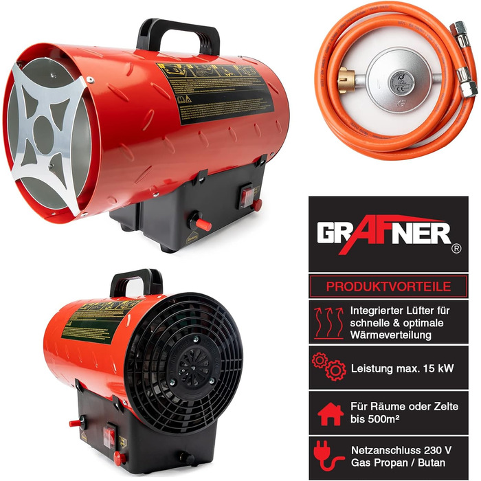 Газовий обігрівач Grafner XXL, 15 кВт, зі з&39єднувальним шлангом, регулятором тиску, турбовентилятором, п&39єзорозпалом, для стандартних газових балонів, генератором гарячого повітря, нагрівальною гарматою, газовим обігрівачем, будівельним обігрівачем, н