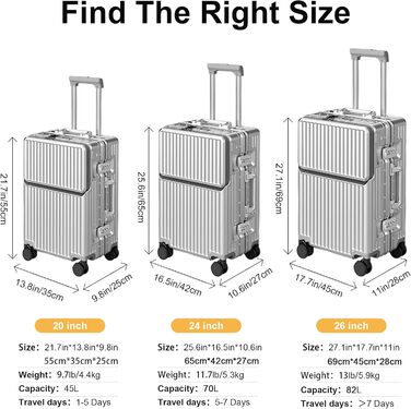 Ручна валіза на весну/літо, схвалена авіакомпаніями, із замком TSA, колесами на 360, твердим корпусом з полікарбонату та стійкою до тиску алюмінієвою рамою, підходить для валіз розміром 20&quot, 24&quot та 26&quot. (20&quot, сріблястий) сріблястий 20&quot