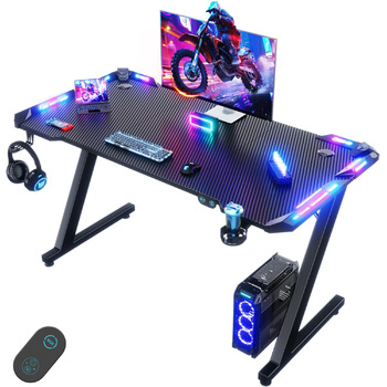 Ігровий стіл Devoko 120 x 60 см, ігровий стіл зі світлодіодним підсвічуванням, поверхня з вуглецевого волокна, ергономічний ігровий стіл з тримачем для напоїв, гачок для навушників, міцний комп&39ютерний стіл