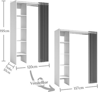Регульована шафа JENKE біла з тканинною шторою - Універсальна шафа для всього використання з продуманим внутрішнім плануванням - 120-157 x 195 x 50 см (Ш/В/Г)