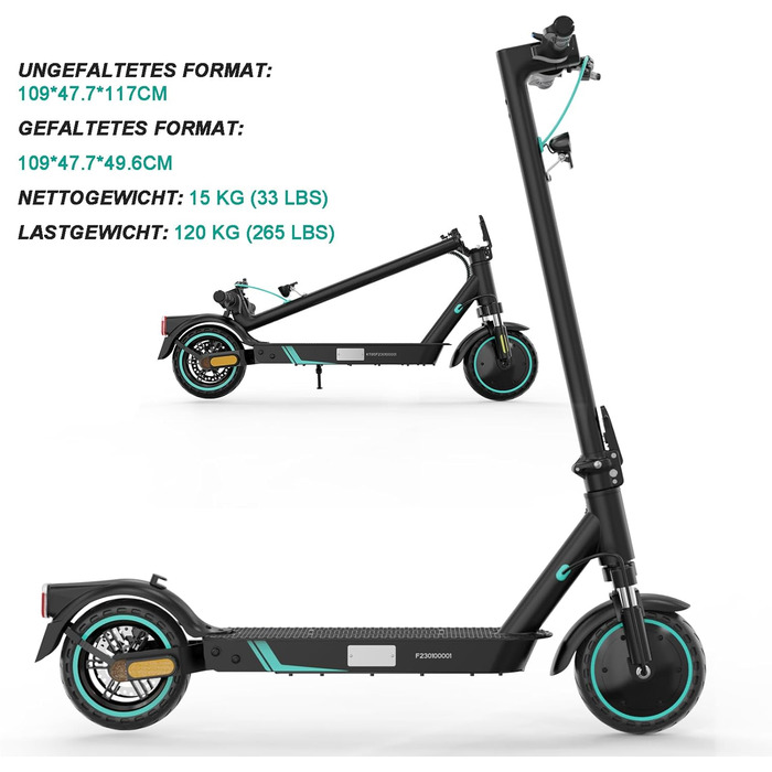 Електросамокат з допуском до дорожнього руху (ABE), Макс. 20 км/год, Зручна амортизація, Підключення до APP, Складаний, Світлодіод