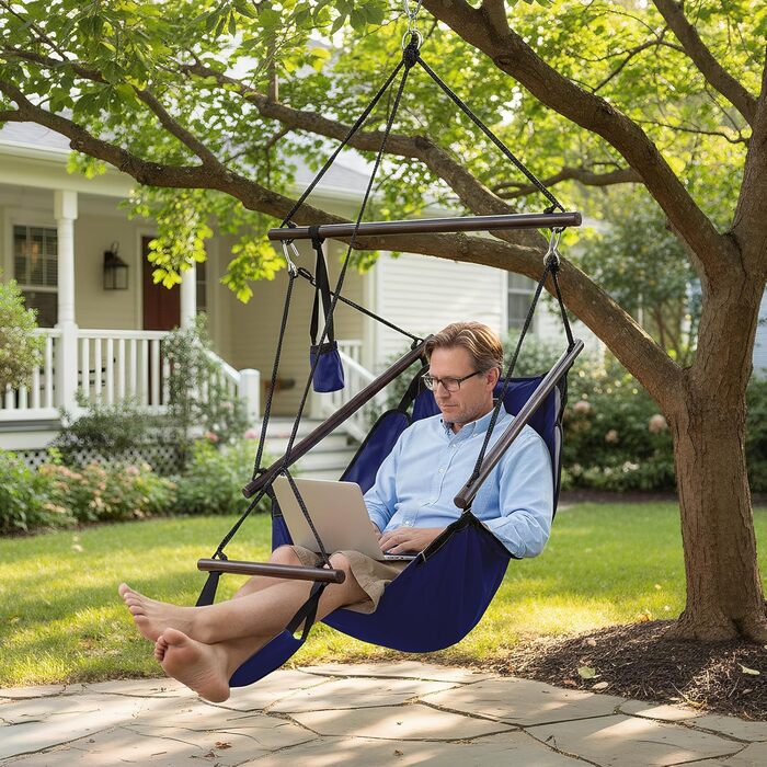 Гамак-надувне крісло з подушкою, тримач для напоїв, масив дерева, водонепроникне, для використання в приміщенні/на вулиці, для двору, саду, дерева, тераси, ганку, 113 кг (темно-синій)