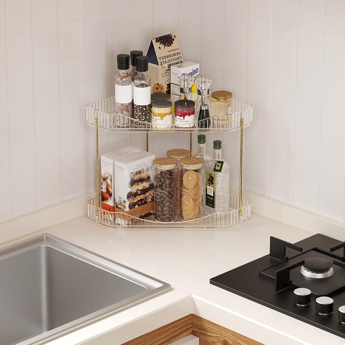 Органайзер для макіяжу Lifewit, органайзер для туалетного столика, міцна кутова багатофункціональна полиця для парфумів/засобів догляду за шкірою/гелю для душу у ванній кімнаті, кухні, спальні, прозорий, 2 рівні (25,4 см заввишки)