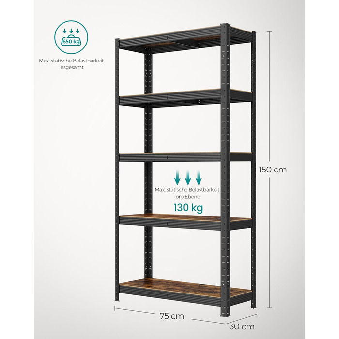 Окремостояча полиця, книжкова шафа, полиця для зберігання, 5 полиць, кухонна полиця, полиця, 30 x 75 x 150 см, вантажопідйомність до 650 кг, регульовані полиці, промисловий дизайн, вінтажний коричнево-чорний GLR030B01 30 x 75 x 150 см Вінтажний коричневий