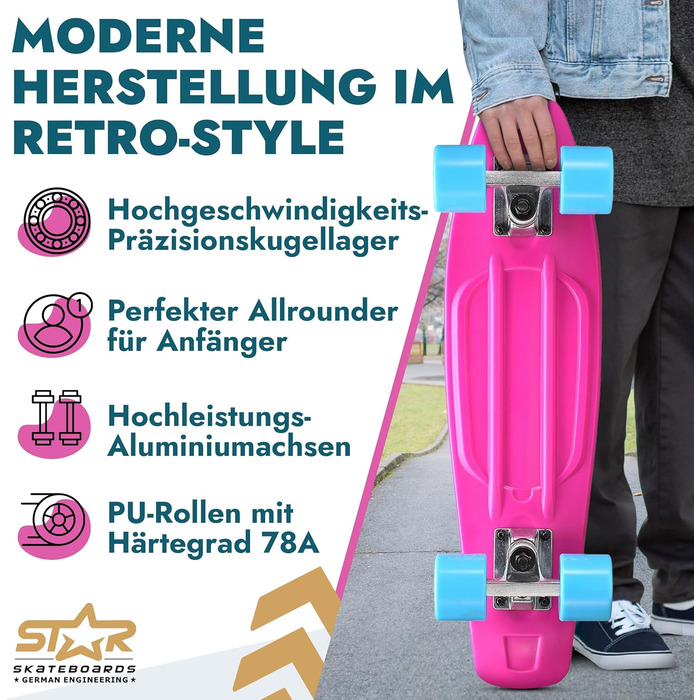 Скейтборд BIKESTAR Vintage Retro Cruiser 60 мм - круїзерний скейтборд для дітей та дорослих, початківці від 6-8 років, ретро дизайн Berry & Blue