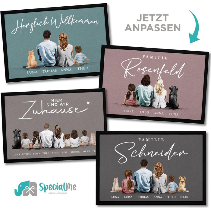 Сімейний килимок для дверей з іменами та фігурками, можна налаштувати для 1, 2, 3, 4 дітей, кіт, собака, акварельний малюнок, нековзний та миється, чорний, 60x40 см.