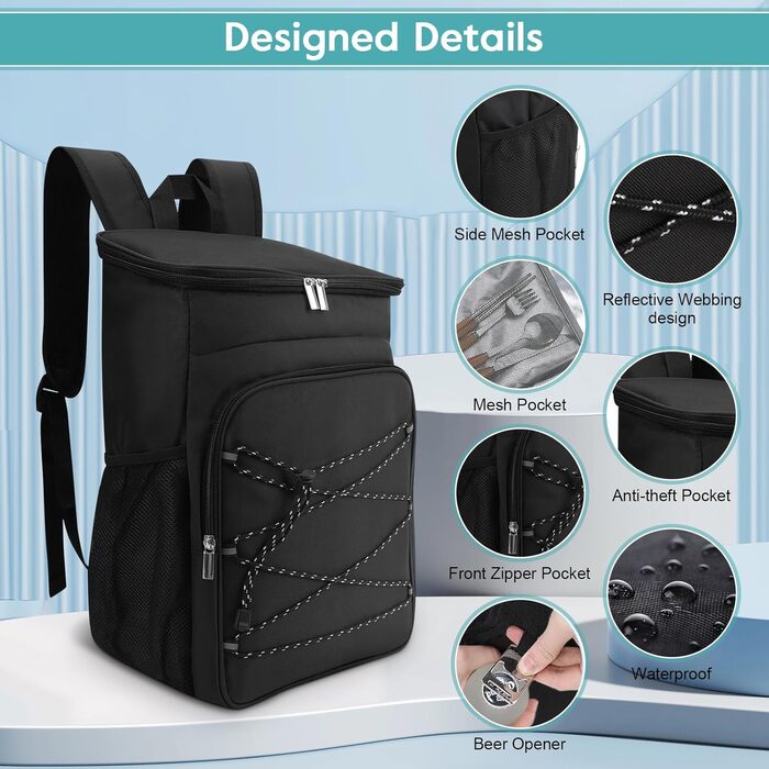 Рюкзак-холодильник, водонепроникний рюкзак-холодильник, велика ізольована сумка-холодильник для обіду для пікніків, кемпінгу, подорожей на природі, барбекю, походів, чорний