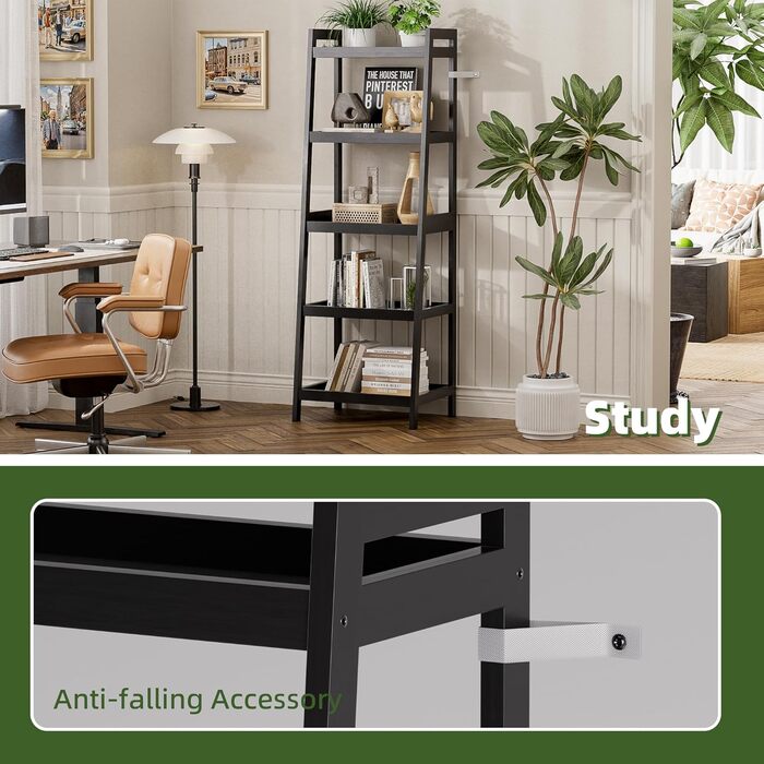 Книжкова полиця, 5-ярусна книжкова полиця-драбина з бамбуковим каркасом, окремостояча висока, вузька полиця для рослин для вітальні, кухні, спальні, балкону, чорна