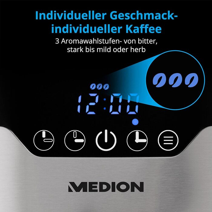 Кавоварка MEDION з термосом і таймером (кавоварка з фільтром, 8 чашок, 1,2 л, 900 Вт, 3 рівня, функція збереження тепла, таймер, а