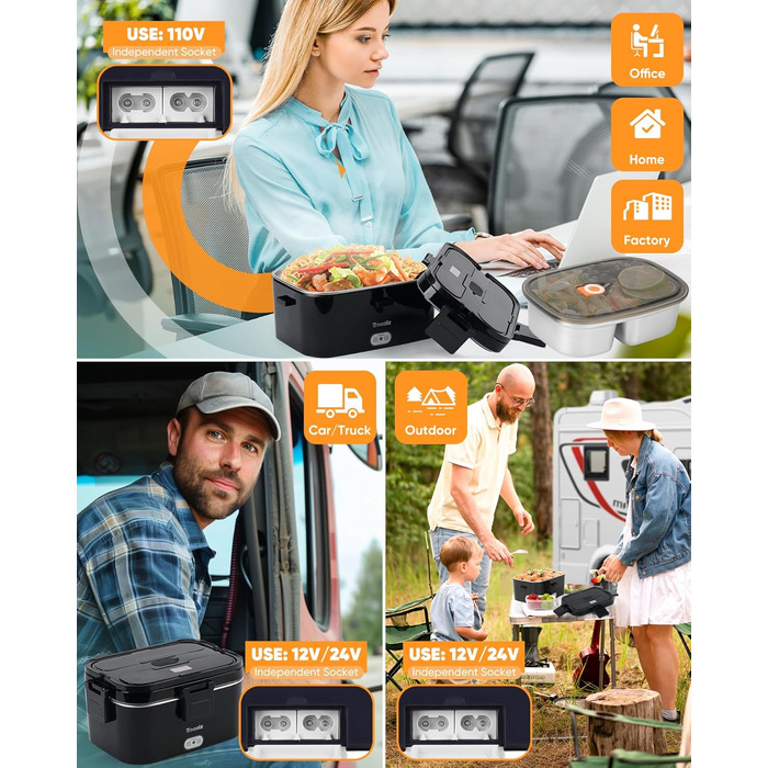Електричний підігрівач їжі для ланчбоксу Eocolz 100 Вт, підігрівач їжі з подвійним контейнером 1,8 л, портативний підігрітий ланчбокс для автомобіля, вантажівки, роботи, виделка та ложка з нержавіючої сталі 12/24/110 В для дорослих, чорний - 1,8 л