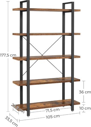 Книжкова полиця VASAGLE, 5-рівнева окремостояча полиця, полиця для вітальні, легке складання, для вітальні, спальні, офісу, промисловий дизайн, вінтажний коричнево-чорний LLS55BX Вінтажний коричневий чорний