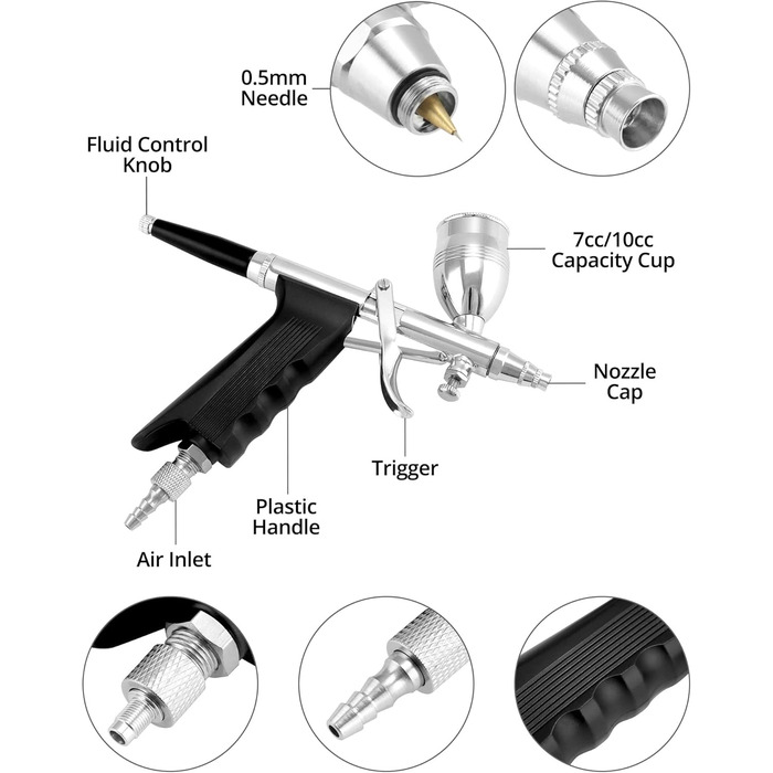 Система пістолетів для аерографії - Сопла 0,3 мм 0,5 мм 0,8 мм - Стаканчик для фарби 2 куб.см 5 куб.см 13 куб.см - Довжина шланга 1,8 м