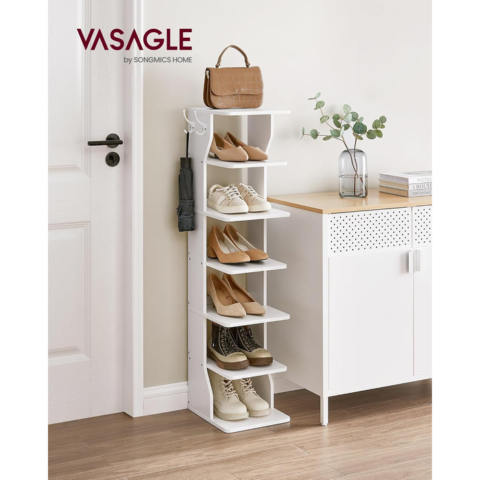 Вузька полиця для взуття, окремостояча полиця з 7 рівнями, компактна, для вхідної зони, кутова, для зберігання взуття, біла LBS200T14 7 рівнів, біла