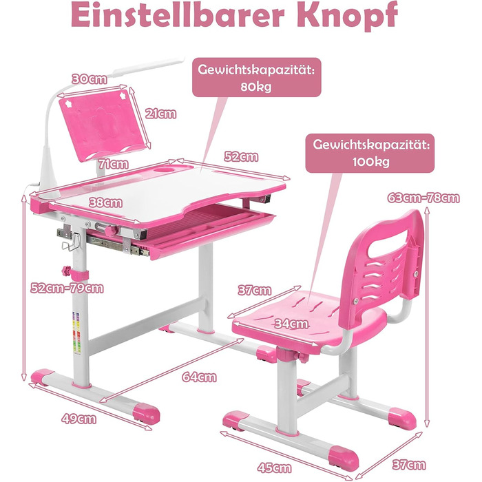 Набір дитячих столів COSTWAY з підставкою для книг та світлодіодним підсвічуванням, регульований по висоті дитячий стіл і стілець