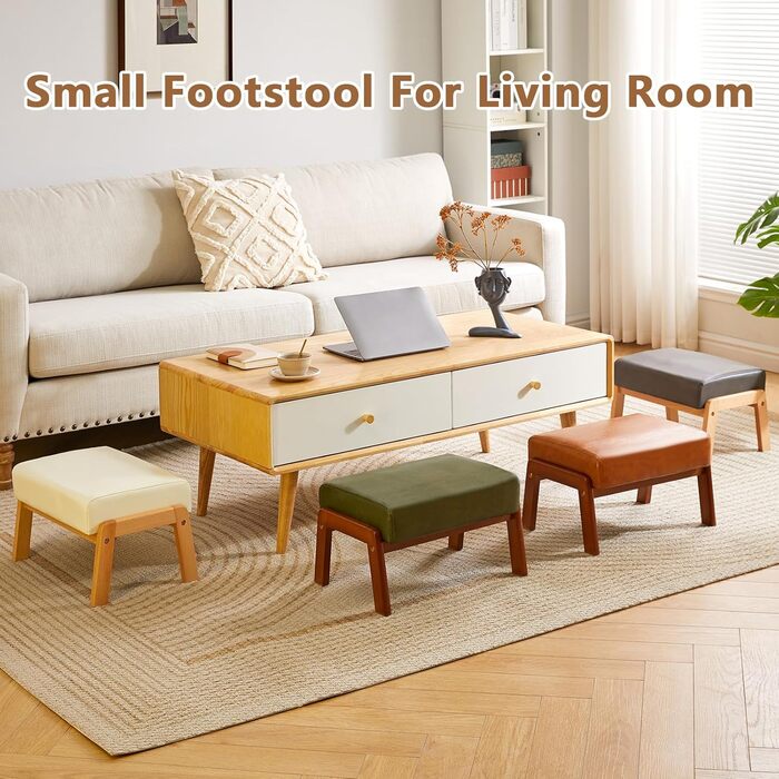 Невеликий пуф-табурет, прямокутний пуф-підставка зі штучної шкіри з м&39яким сидінням та дерев&39яними ніжками, сучасний низький пуф-підставка для вітальні/спальні, темно-зелений WBD013GR, 10.2H