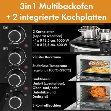 Міні-піч Bomann з конфорками та грилем Готування та випічка одночасно Міні-піч 28 л з конвекцією верхній/нижній нагрів 100-230C Електрична міні-піч 3100 Вт з аксесуарами КК 6059 КБ