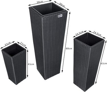 Набір із 3 квіткових горщиків Casaria, плетіння з поліратану, кашпо з водостічкою, вигляд ротанга, садове горщик для вулиці, квіткова коробка, чорний