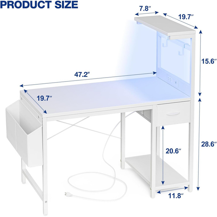 Ігровий стіл Grandder, ігровий стіл 120x50 см з розеткою та світлодіодним освітленням, комп&39ютерний стіл з двосторонніми полицями та шухлядою, ПК-стіл для домашнього офісу з відділенням для зберігання, білий