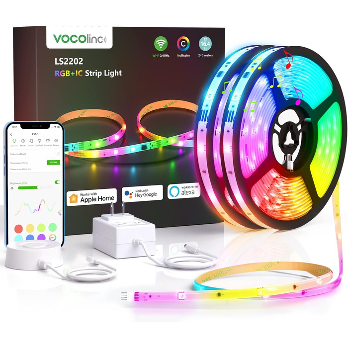 Світлодіодні стрічки VOCOlinc Smart RGBIC 5m Pro, світлодіодна стрічка працює з Apple HomeKit, Alexa та Google Assistant, стрічка з покриттям своїми руками синхронізується з музикою, підходить для домашньої спальні (LS3-10M)