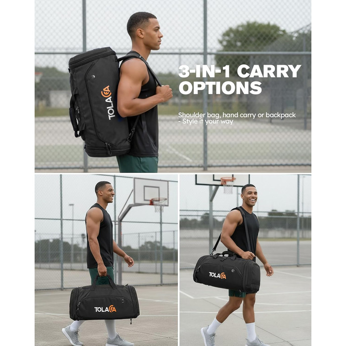 Спортивна сумка Tolaccea 56-70 л для чоловіків та жінок розширювана дорожня сумка з відділенням для взуття та відділенням для вологих речей, яку можна носити як рюкзак, для фітнесу, спортзалу, плавання, футболу, подорожей (чорна)