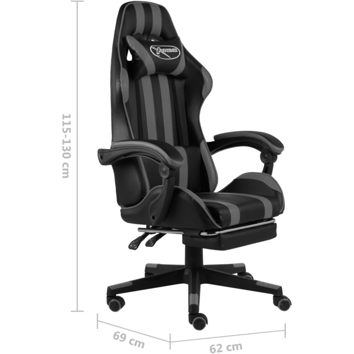 Геймерське крісло з підставкою для ніг, чорно-сіра штучна шкіра, модель ігрового крісла 20530