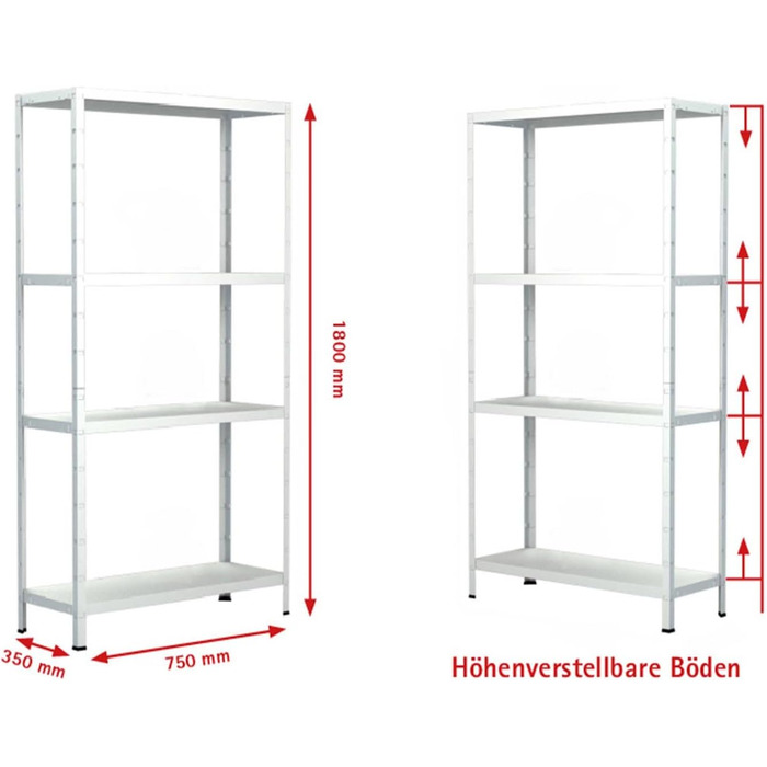 Система полиць SCHULTE з 4 полицями PowerMAX, вантажопідйомність 50 кг, 180x75x35 см (ВxШxГ), білий, полиця для зберігання, полиця для майстерні, полиця для підвалу, полиця для гаража, металева полиця