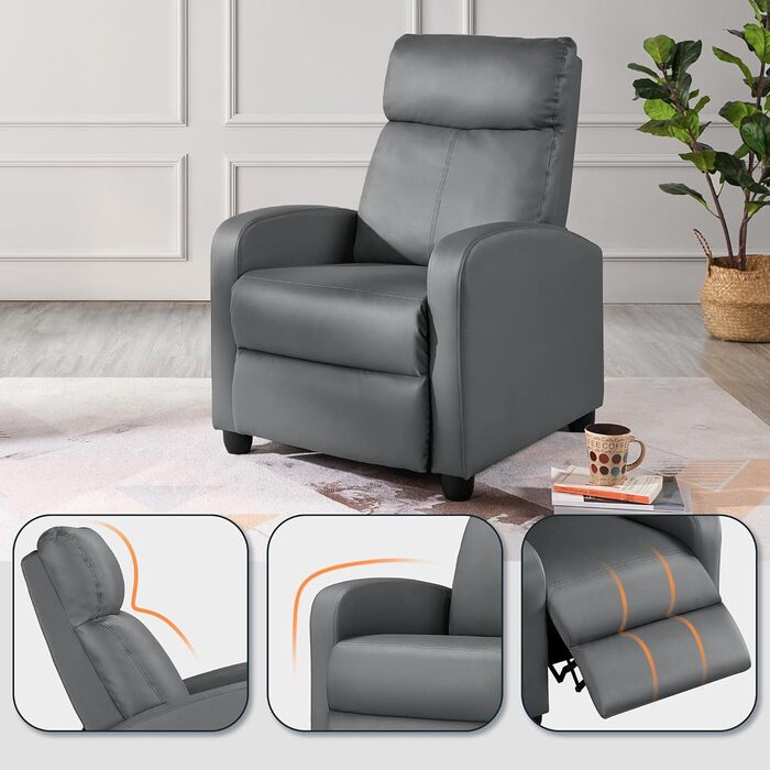 Крісло для телевізора Yaheetech з розкладним кріслом, функцією відкидання та регульованою підставкою для ніг, одномісний диван, штучна шкіра сірого кольору