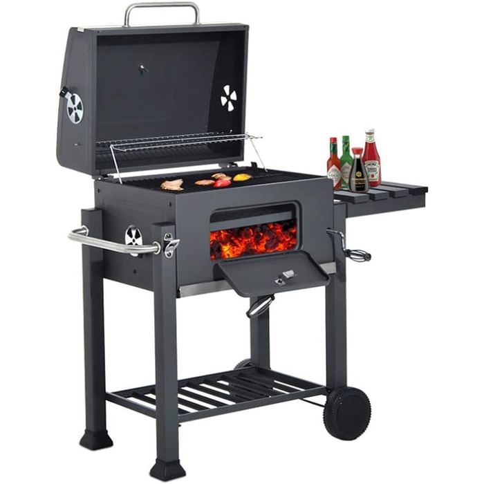 Гриль, візок для барбекю XXL вугільний гриль з кришкою, колесами, ручкою з нержавіючої сталі, решіткою для гриля і термометром вуг