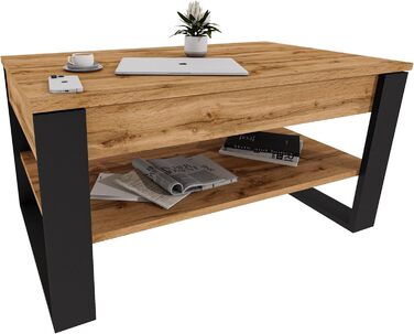 Журнальний столик з підйомною стільницею Стіл для вітальні з регульованою висотою та місцем для зберігання Сучасний чорний дубовий диванний столик Wotan з полицею та прихованим відділенням Журнальний столик для вітальні та офісу, чорний