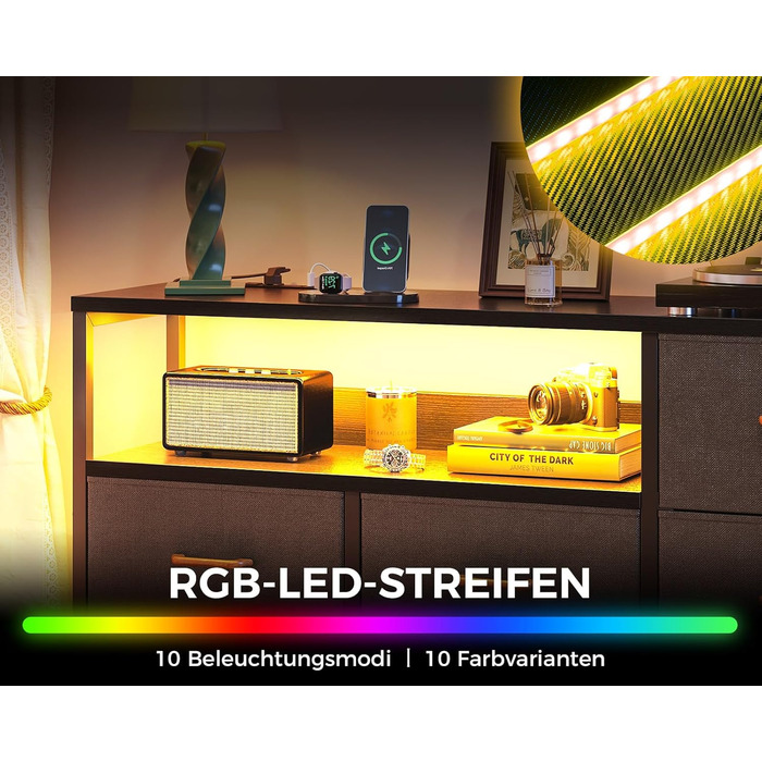 Комод Coleshome зі світлодіодною стрічкою, що змінює колір, та 2 розетками USB і 2 розетками змінного струму, комод із 7 тканинними шухлядами, підходить для спальні, вітальні, 132 * 30 * 89 см, чорний