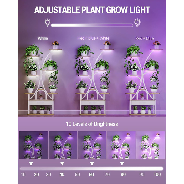 Підставка для рослин Hzuaneri з лампою для вирощування, 9-ярусна підставка для квітів з 4 світлодіодними лампами RG, регульований колір та час, 164 см, ідеально підходить для вітальні, балкона, саду, біла, PS16016WEU 9 ярусів білого кольору