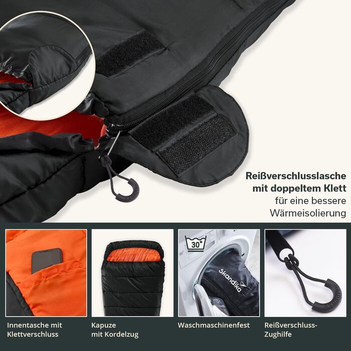 Спальний мішок Skandika Vegas XXL Мумія-спальний мішок з/без полібавовняної підкладки, для дорослих, що з&39єднується, подвійний спальний мішок, 3 сезони, до -12C, 220 x 110 см Зимовий відпочинок на природі, кемпінг, походи, чорний/помаранчевий Блискавка 